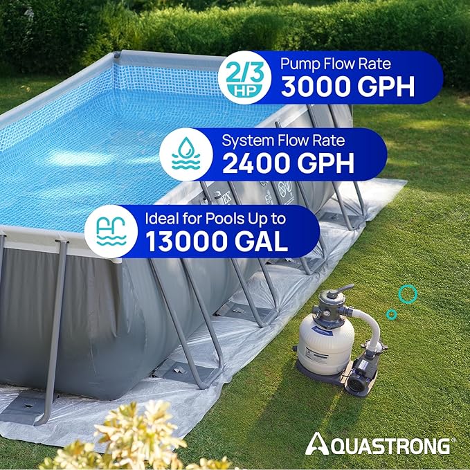 AQUASTRONG Sand Filter Pump for Above Ground Pool, Pool Pumps Above Ground,Pool Sand Filter with 6-Way Valve,Improved Circulation and Filtration, 14in, 2/3 HP 3000 GPH