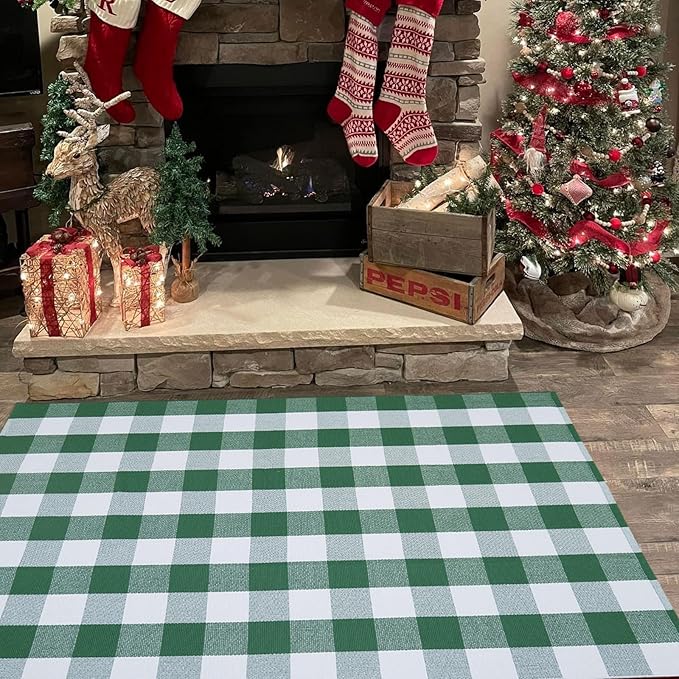CAINANEL Green and White Buffalo Plaid Outdoor Rug Spring Door Mat Layering Rug Welcome Doormats for Spring Easter Farmhouse Entrance Porch Outdoors Decor