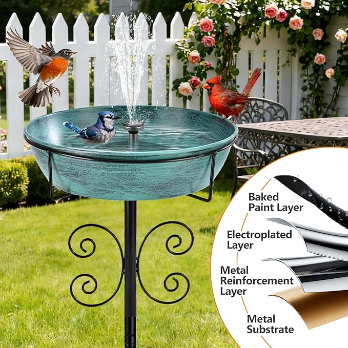 3" Deep 43" Tall Metal Bird Bath for Outdoors, 12" Dia Removable Bird Baths Water Bowl for Outside, Vintage Standing Birdbaths with Stable Stake for Garden Yard Lawn Decor 1.4 Gallon, Blue-Green