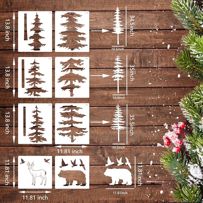 Forest Tree Stencil Set Large Pine Tree Stencils for Painting on Wood Reusable Forest Tree Mural Templates for Wall Garden Fence Window Furniture