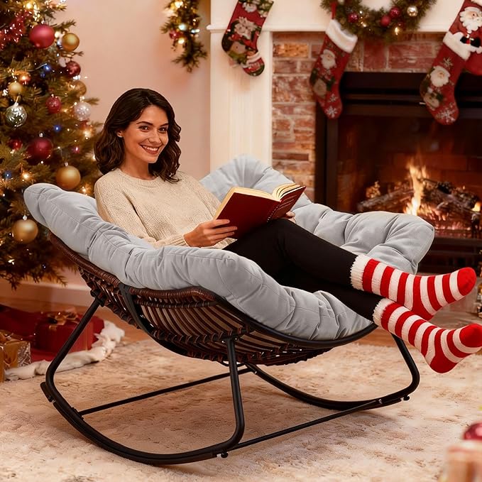 Rocking Papasan Chair, Oversized Outdoor Rocking Chair Rattan Rocking Chair with Deep Seat Thick Cushion, Patio Rocking Chair for Indoor/Porch/Garden (Light Grey & Black)