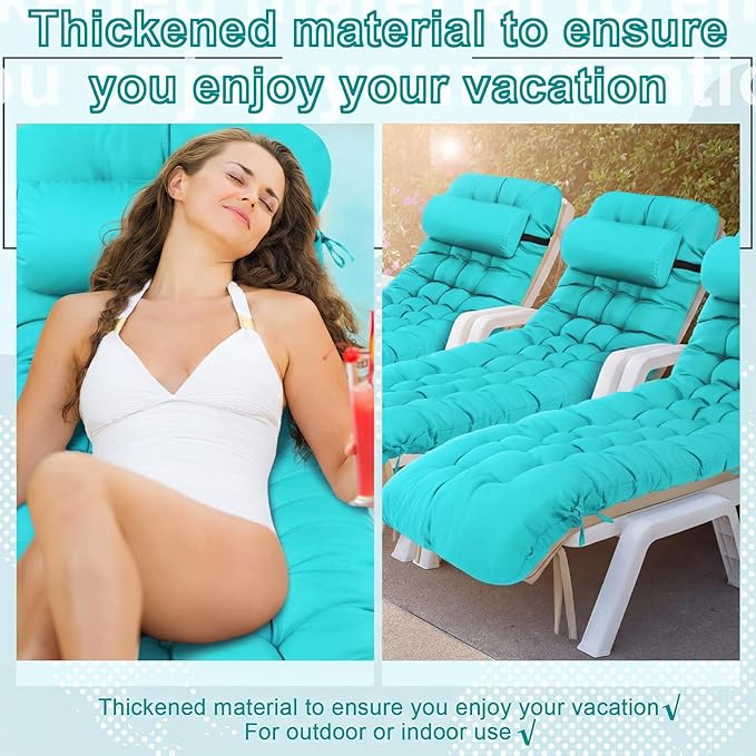 Tudomro 2 Pcs Peacock Blue 66'' Outdoor Chaise Lounge Cushion Waterproof Patio Lawn Pool Chaise Lounge Cushion with Headrest Pillow & Ties Weather Fade Resistant Replacement Longue Chair Pad