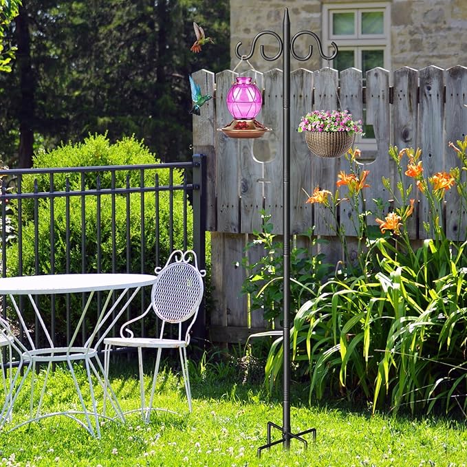 Double Shepherds Hooks for Outdoor, 108 Inch Heavy Duty Bird Feeder Pole with 5 Prongs Base, Adjustable Shepherds Hook for Bird Feeder, Garden, Weddings, Hanging Plant, 1 Pack