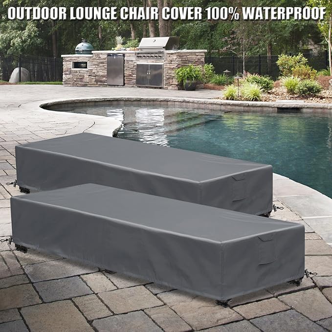 Waterproof Patio Lounge Chair Cover 4 Pack Outdoor Chaise Lounge Covers 600D Weather Resistant Material, UV Protection, Windproof Design Outside Furniture Covers 80" x 28" x 14" H, Grey