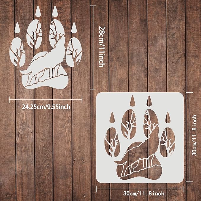 FINGERINSPIRE Wolf Paw Stencils - 11.8x11.8inch Reusable Animal Foot Print Stencils for Drawing on Wood, Floor, Furniture, Wall and Paper