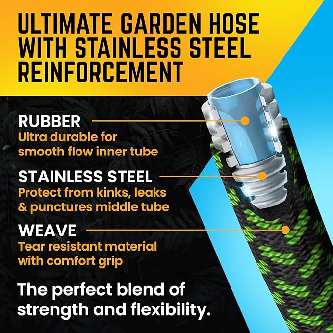 PowerFlow Garden Hose, NON-EXPANDABLE 25 Feet Premium Quality Stainless Steel Metal Water Hose with Durable Fabric Skin, Hose For Commercial, Residential Use, Bonus 10-way Spray Nozzle (25 Ft, Green)