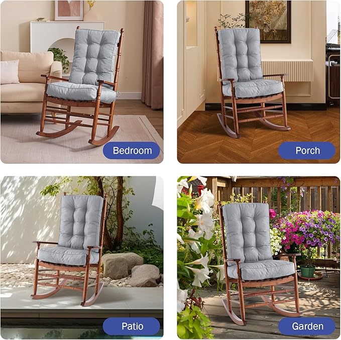 Rocking Chair Cushion, Waterproof and Fade-Resistant Patio Chair Cushions, Tufted Chair Pads for Rocker Furniture, 17x17 Inch, Indoor/Outdoor Seat Cushions with Ties, Light Grey