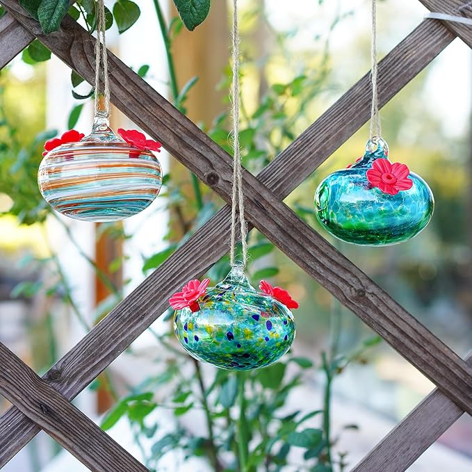 3PCS Small Glass Hummingbird Feeders for Outdoors 3inch Hand Blown Glass Humming Bird Feeder for Window Hanging Ant and Bee Proof Humming Birds Feeders