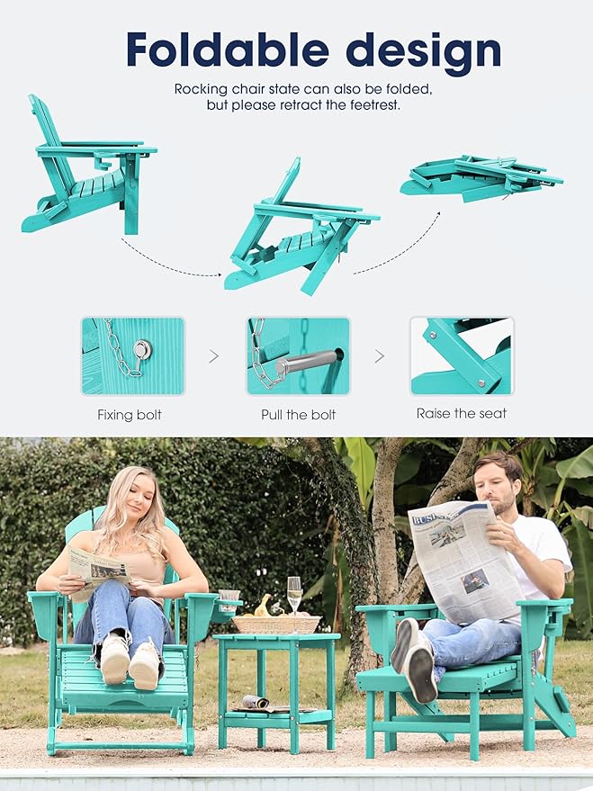 KINGYES Adirondack Rocking Chair Set of 4 with Retractable Ottoman and Cup Holders, HDPE Adirondack Rocker Patio Rocking Chair for Porch, Patio, Balcony, Aqua Blue