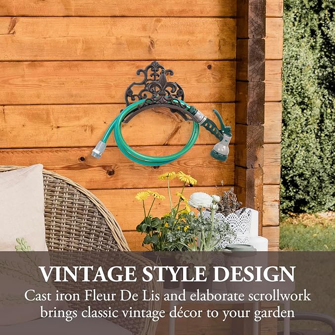MyGift Dark Coffee Cast Iron Wall Mounted Garden Water Hose Holder, Decorative Vintage Fleur De Lis Floral Scrollwork Waterhose Reel Hanger Storage Rack