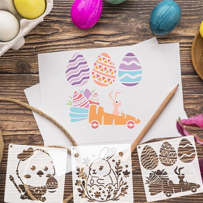 25Pcs Easter Stencils Reusable, 6x6 inch Plastic Drawing Spraying Templates for Painting on Wood, Bunny/Eggs/Farm Spring Stencil for Greeting Cards, Easter Crafts Ornament DIY Window Door Decoration