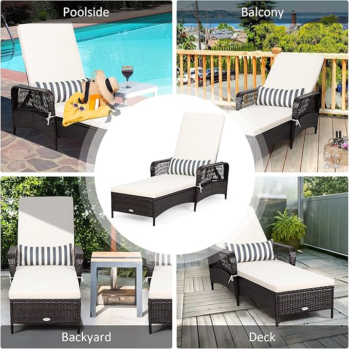 Tangkula Wicker Chaise Lounge Outdoor, Patio Rattan Reclining Chaise with 6-Gear Adjustable Backrest, Thick Padded Cushion & Removable Lumbar Pillow, Pool Lounge Chairs for Outside Balcony Backyard