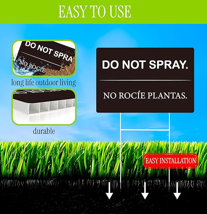Set of 3 Do Not Spray Yard Black Sign with Metal Stake 12x8 Inches - No Podar Las Plantas Signs for Outdoor or Indoor - Double Sided Bilingual Plant Sign or Plastic Garden Signs