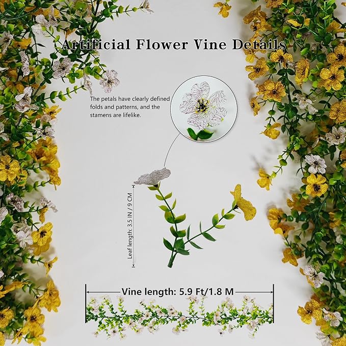 4 Pcs Faux Flowers Garland Plant, Artificial Vines Hanging Flowers Leaves Greenery Garland for Wedding Backdrop Arch Wall Decor, 6 Feet/pcs UV Resistant Indoor Outdoor