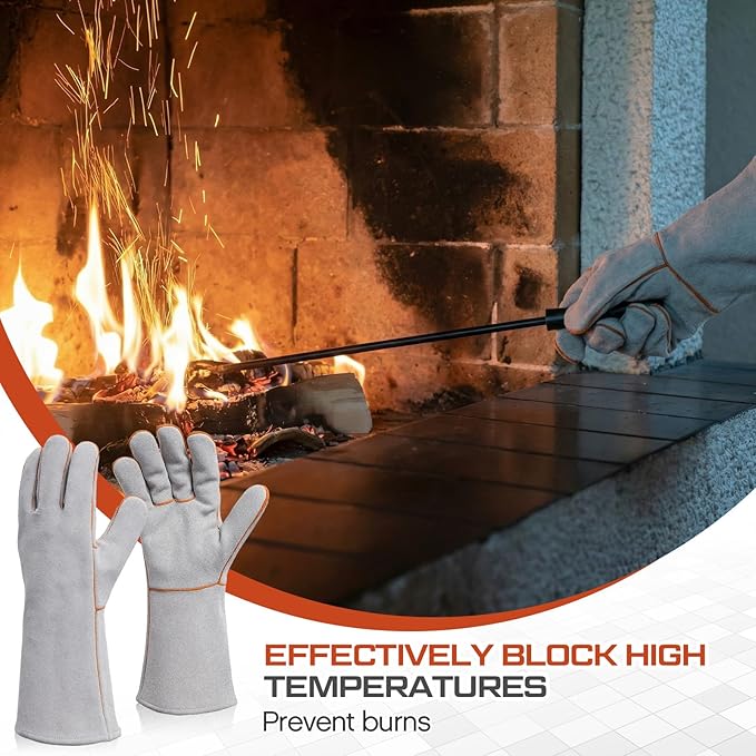 2 Pairs 14” Leather Fireplace Gloves for Men Women Long Heat Resistant Fireplace Hearth Gloves Wrist Protection Fireproof Stitching Grill Glove for Fire, Stove, Oven, BBQ, Grilling, Welding