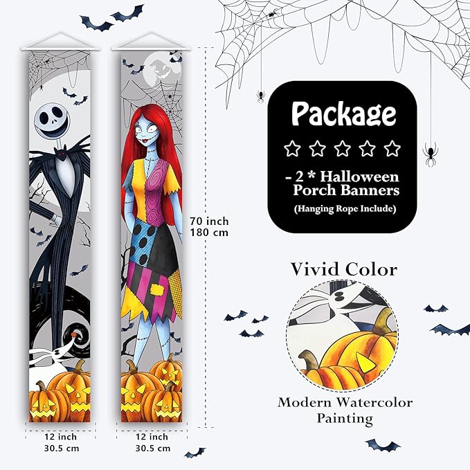 Jack Sally Banners Porch Signs Halloween Decor Christmas Nightmare Hanging Banner Halloween Decorations Outdoor Horror Poster for Indoor Spooky Pumpkin Ghost Door Sign Before Party Banner Wall Art Wallpaper