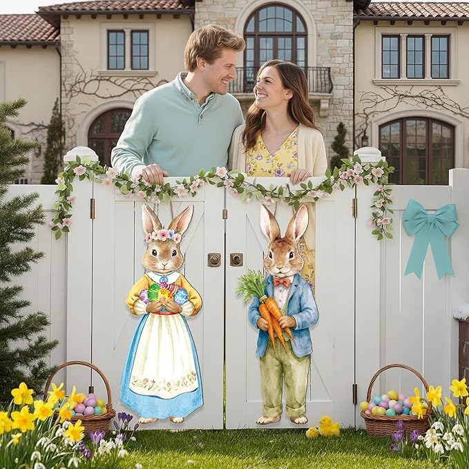 Thyle 2 Pcs Large Easter Bunny Hanging Sign 32.3 x 12.2 Inch Easter Wooden Front Door Decorations Rabbit Egg Carrot Hanger Porch Sign for Spring Outdoor Indoor Home Wall Decor