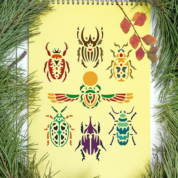 FINGERINSPIRE Scarab Stencil 11.7x8.3inch Reusable Egyptian Scarab Arts and Crafts Painting Template Scarab Beetle Pattern Stencil for Painting on Wall, Floor, Furniture, Wood and Paper