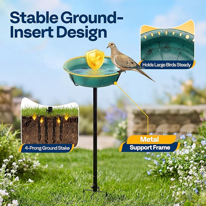 VIVOHOME Bird Bath for Outside, Outdoor 13'' Birdbath Bowl with Metal Ground Stake, Weather-Resistant ABS Bird Bath and Feeder for Garden, 1.45 Gallons, Green