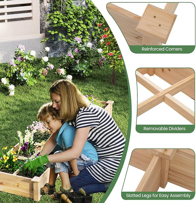 Giantex Wooden Raised Garden Bed with 2 Planter Boxes & Dividers, 90"x25"x10" Raised Bed for Flowers Vegetables Fruits Herbs Gardening Planting, Outdoor Garden Box for Patio Backyard Lawn (1)