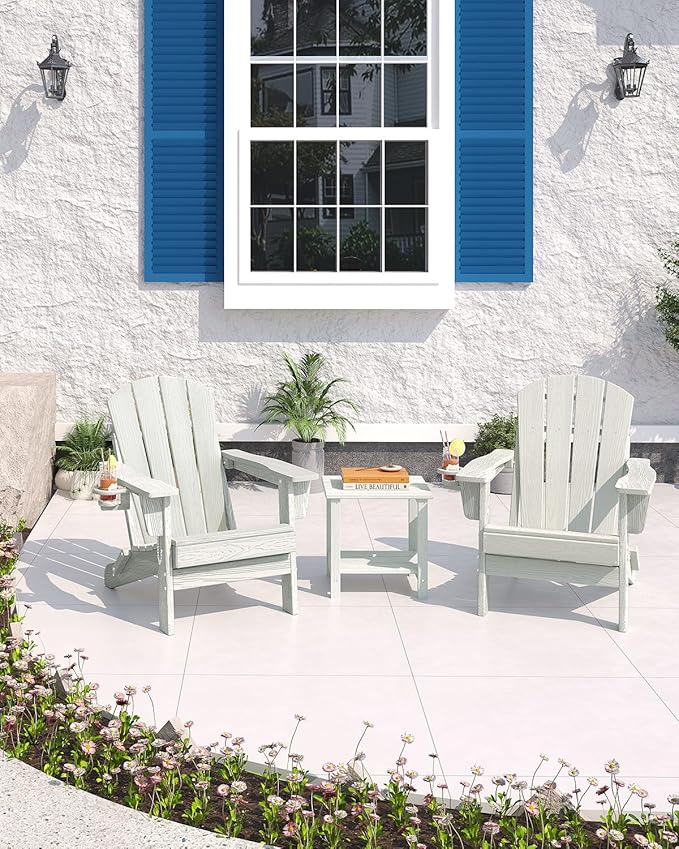 Folding Adirondack Chair Set of 6, All-Weather HDPE Outdoor Chair, Wooden Textured with Cup Holder for patios, Decks, Gardens, fire pits, White