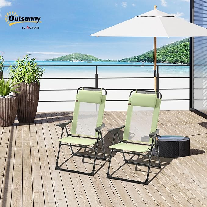 Outsunny Folding Patio Dining Chairs Set of 2, Outdoor Deck Chair with Adjustable Sling Back, Camping Chair with Removable Headrest for Garden, Backyard, Lawn, Green