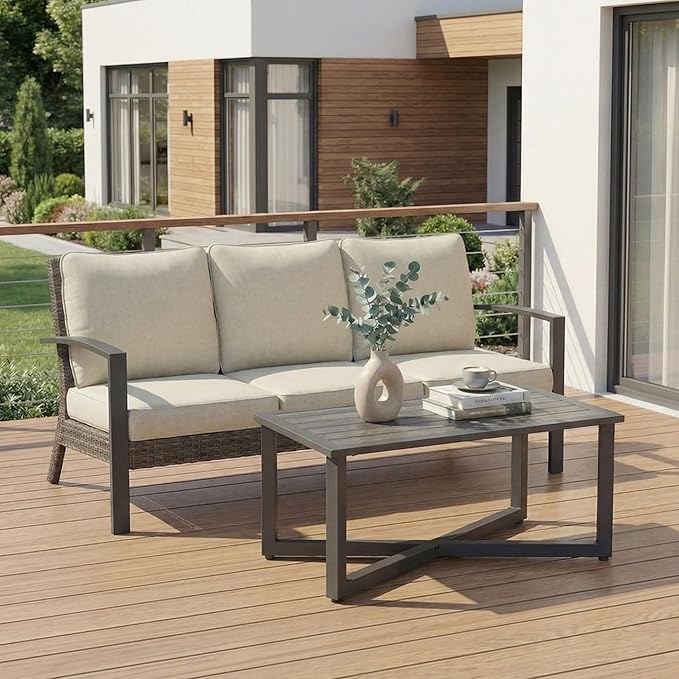 Green4ever Patio Sofa with Coffee Table, Wicker Outdoor Couch with Cushions for Pool, Porch, Beige