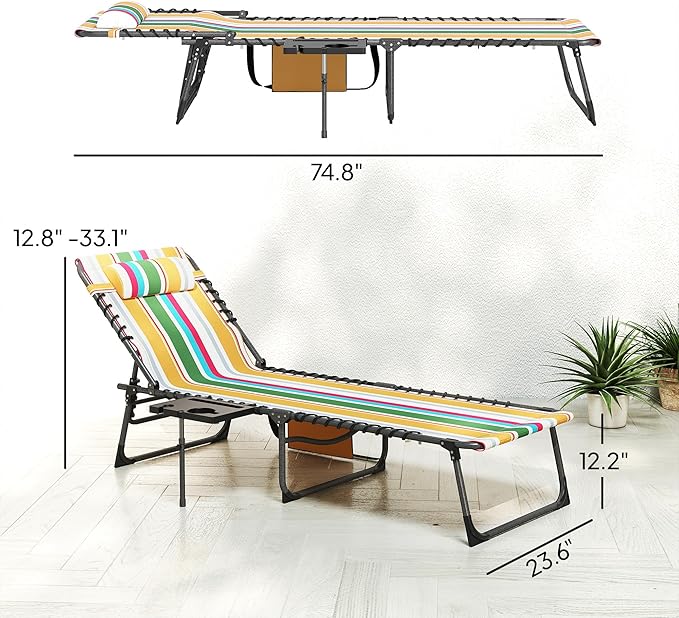 Outsunny Folding Chaise Lounge Chair Outdoor Tanning Chair with Side Table, 5-Level Adjustable Beach Lounge Chair with Headrest, Side Pocket for Patio, Backyard, Beach, Poolside, Mixed Color