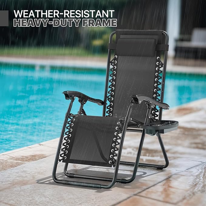 Magshion Zero Gravity Lounge Chair, Adjustable Folding Recliner with Cup Holder Side Tray & Removable Headrest Pillow, Portable Outdoor Patio Lounger for Camping, Beach, Lawn, Backyard, Black
