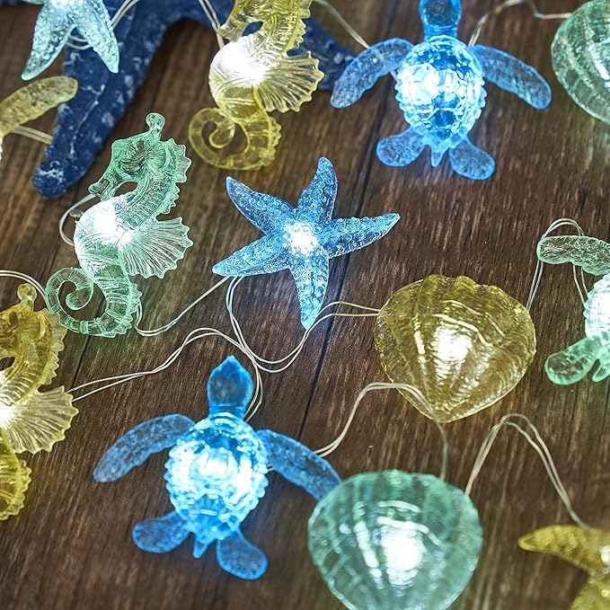 Nautical Theme Outdoor Solar Fairy Lights Ocean Décor Beach Decorative String Light Solar Power Seahorse Sea Turtle Starfish Shell Garden Night Lights 40LED 14ft Balcony Front Porch Tree Trunks