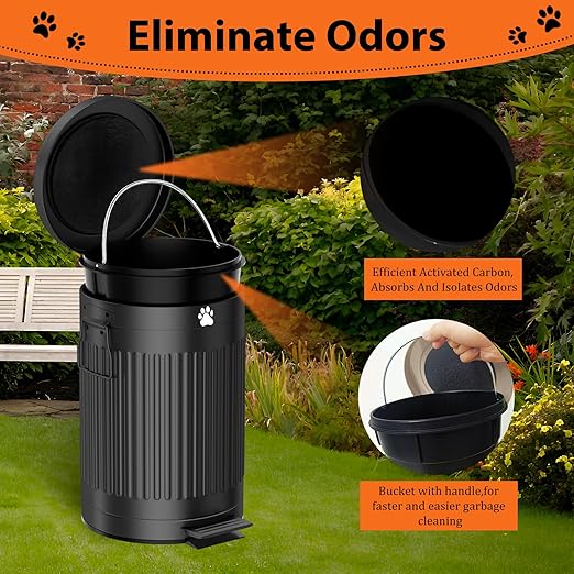 Dog Poop Trash Can Outside, 12L/3.1Gal Metal Dog Waste Trash Can with Lid, Foot Pedal, Waste Container with 40 Bags, Pet Poop Bucket with Lid Soft Close for Pet, Round Black Can