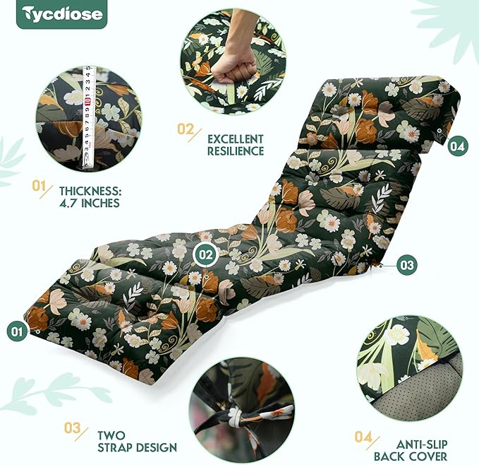 Outdoor Chaise Lounge Chair Cushion Waterproof 74.4 x 22 x 4.7 Inches Memory Foam Lounge Chair Cushions for Outdoor Furniture with Ties, Thickened Pool Lounge Chair Cushion, Green Floral