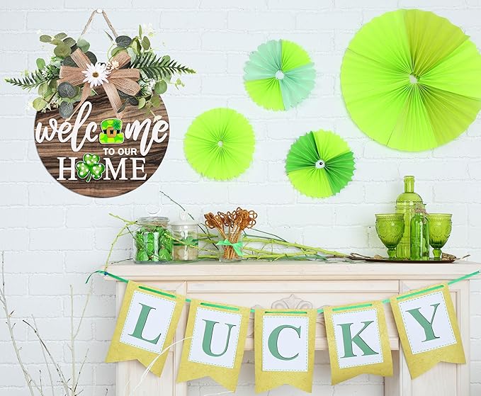 Interchangeable Welcome Sign for Front Door with 4 Seasonal Wreaths and 21 Changeable Icons, Farmhouse Rustic Outdoor Welcome Signs Porch, Holiday Spring Summer Winter Fall Decorations for Home Gifts