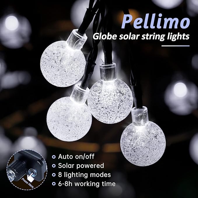 2-Pack 30 LED 20FT Solar String Lights Outdoor, Crystal Globe Lights with 8 Lighting Modes, Waterproof Solar Powered Patio Lights for Garden Yard Porch Wedding Party Decor (White)