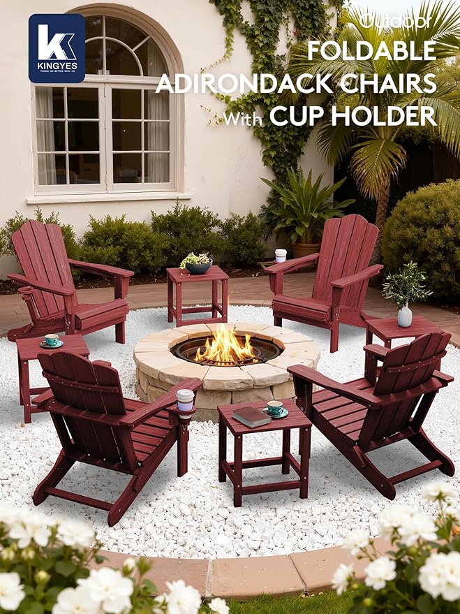 KINGYES Folding Adirondack Chair Set of 6, HDPE All-Weather Patio Chairs with Cup Holder, Wooden Textured Fire Pit Chairs for Poolside, Backyard, Deck, Red