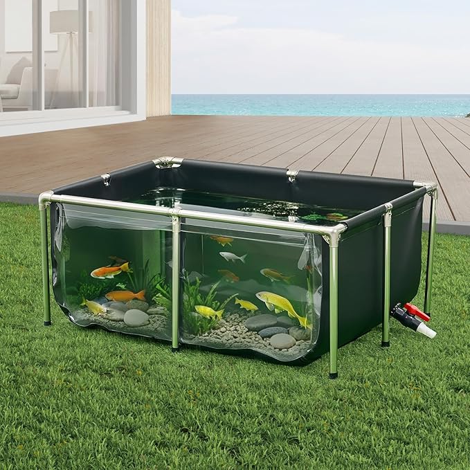 VEVOR KOI Aquarium Tank Above Ground Fish Pond, 127 Gallon Foldable Canvas Fish Pool Pond with Clear Viewing Panel, Outdoor/Indoor No Dig Turtle Goldfish Pond with 304SS Frame and Drain Valve
