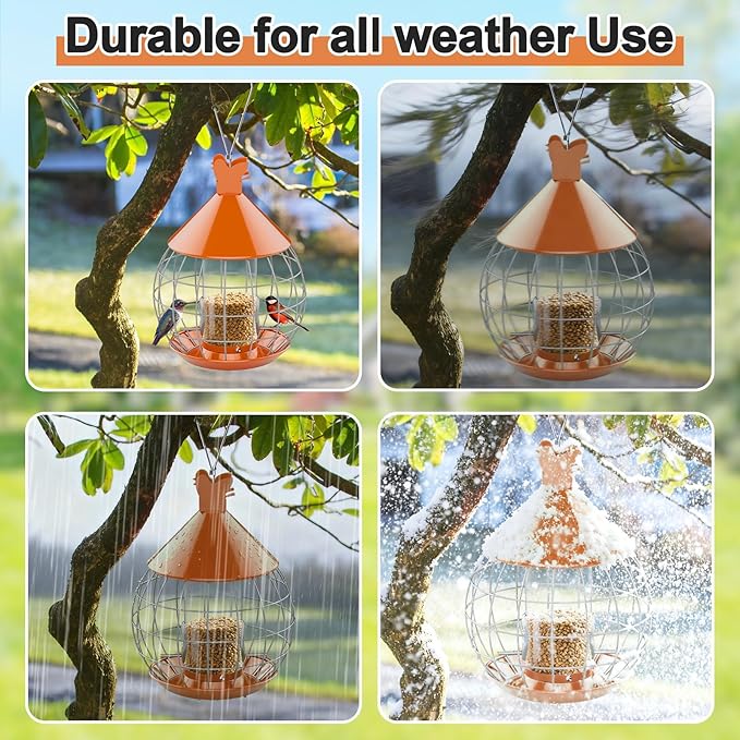 Bird Feeder for Outdoor, Squirrel Proof Bird Feeder for Outdoors Hanging, Weatherproof, Easy to Clean & Refill, Large Capacity Metal Seed Feeder for Finch, Blue Jay, Hummingbird, Orange