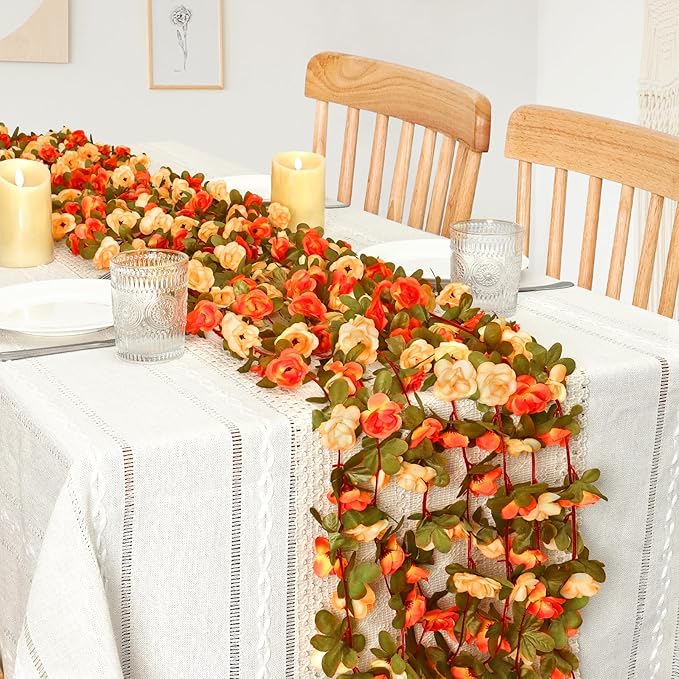 KHOYIME 5 Pack 40 FT Artificial Flower Garland, Fake Orange Roses Vines Silk Flowers Faux Plastic Outdoor Hanging Floral Garland Fall Autumn Decoration for Indoor Table Home Wall Backdrop Room Decor
