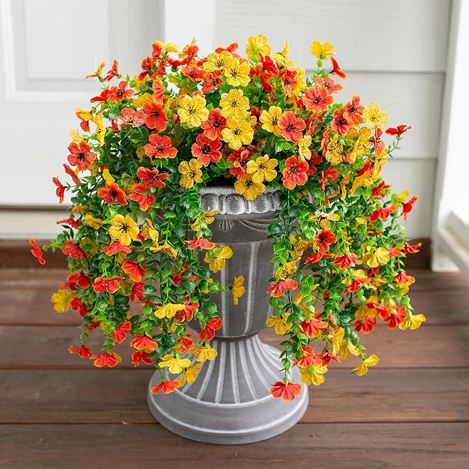 HyeFlora Artificial Flowers for Outdoors Decoration, 2Pcs Fake Hanging Spring Decor, Yellow and Orange Realistic Plants, UV & Fading Resistant Silk Flower for Porch Patio Balcony Planter Yard