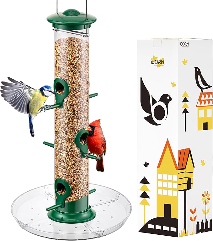 iBorn Bird Feeders Seed Catcher for Outside Hanging 6 Port Bird Feeder for Cardinal Birds Aluminium Metal,Green Finishing 14 Inch 6 Port (Seed is not Included)