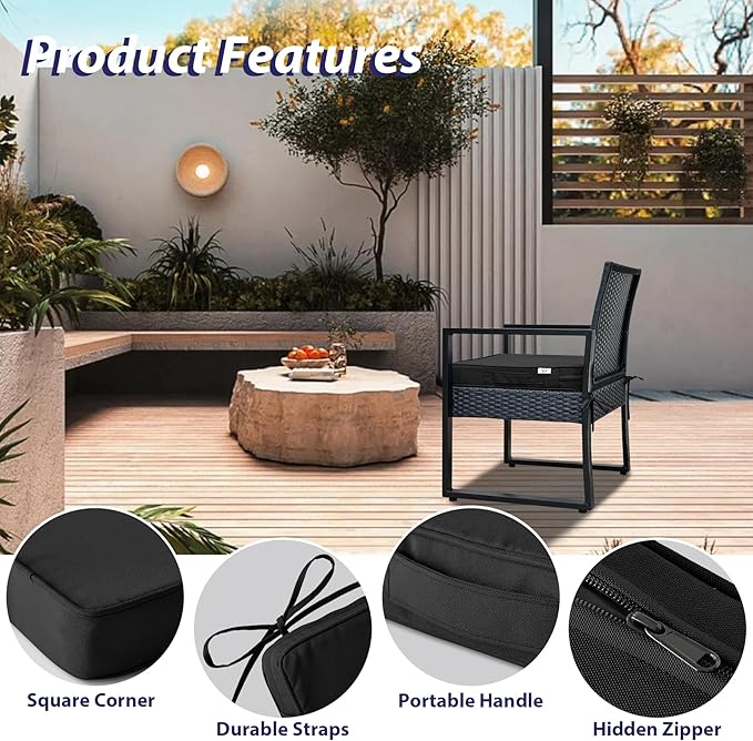 Outdoor Chair Cushions Set of 4,Waterproof Outdoor Seat Cushions for Patio Furniture,Patio Chair Cushion with Handle and Ties, Square Out Door Chair Pads,19" x 19" x 3", Black