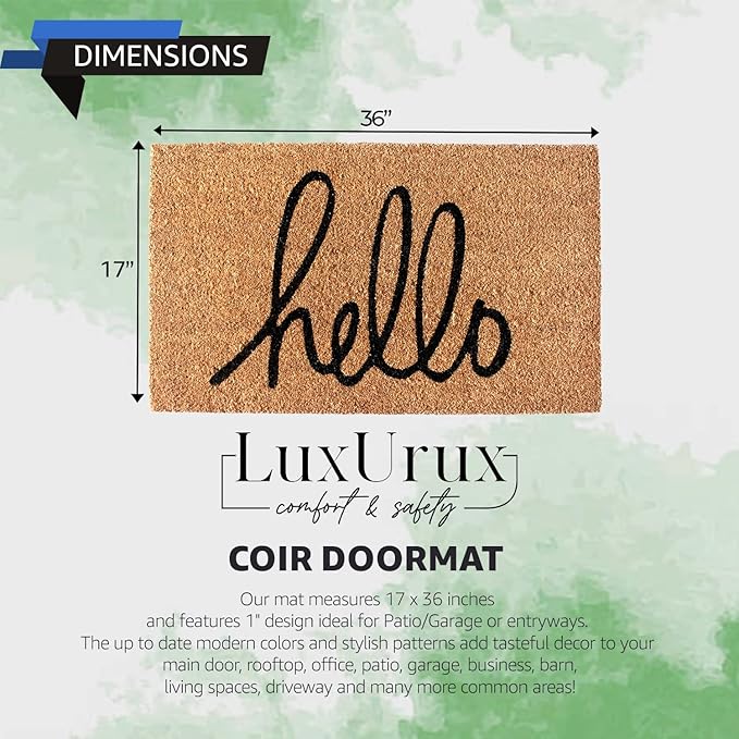LuxUrux Hello Mat Outdoor Coco Coir Doormat, with Heavy-Duty PVC Backing - Natural - Perfect Color/Sizing for Outdoor/Indoor uses. (17 x 36 inch, Hello)