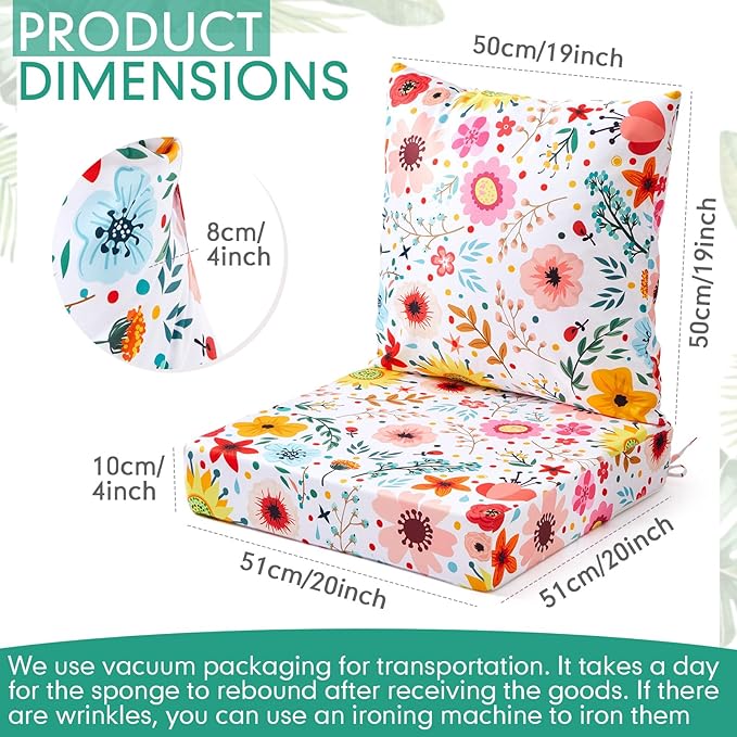 Hoteam 4 Set Outdoor Chair Patio Cushions Deep Seat Waterproof Chair Cushions 20 x 20 Inch for Patio Furniture Set Replacement Removable Seat and Back(Watercolor Flowers)