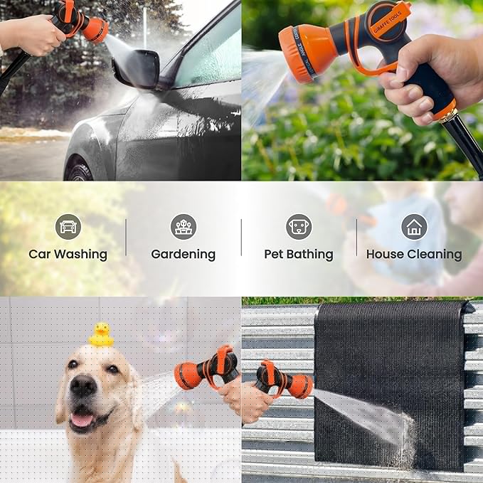 Giraffe Tools Garden Hose 100FT Lightweight Lay Flat Water Hose Kink Free Flexible Hose with 9 Spray Function Nozzle, Black
