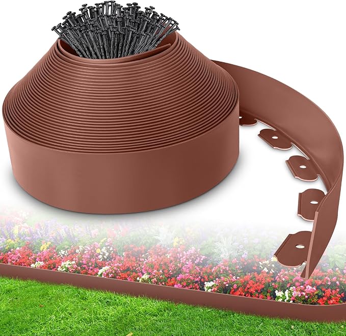 4-Inch x 100 FT Landscape Edging Border with 150 Stakes, Plastic Garden Edging Border Kit, Flexible No Dig Lawn Edging Border for Garden Flower Beds Yard Pathway Paver (Brown)