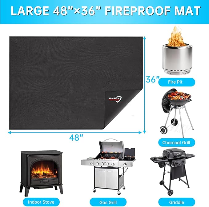 DocSafe 48 x 36 inches Under Grill Mat,Large 4 Layers Fire Pit Mat,Fireproof Mat Heat Insulated Protector for Deck,Patio,Grass,Smoker,BBQ,Reusable Oil-Proof and Waterproof Indoor Fireplace Pad