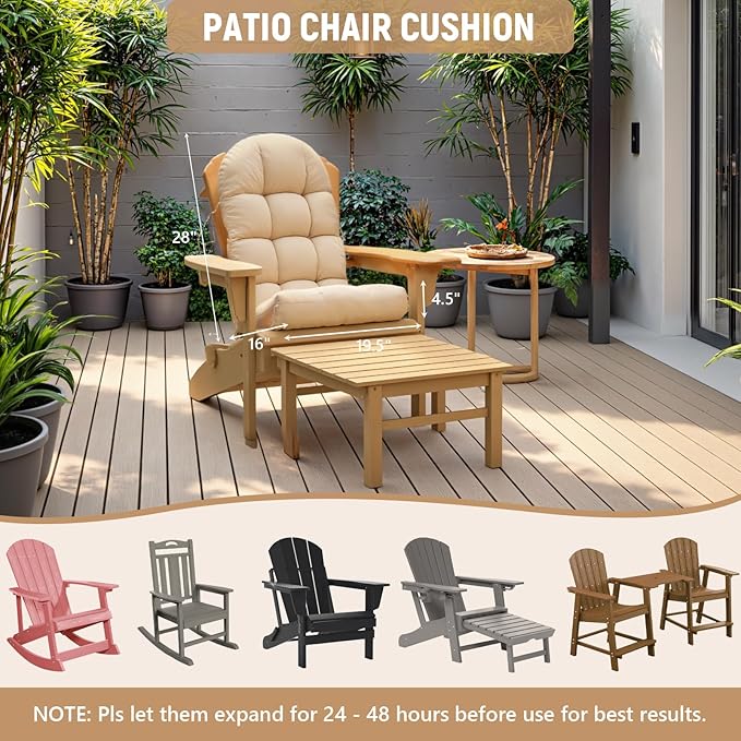 Adirondack Chair Cushion Set of 4, Rocking Chair Cushions, High Back Patio Cushions, Thickened Weather Resistant Patio Cushion with 6 Ties, Non Slip Fade & Waterproof