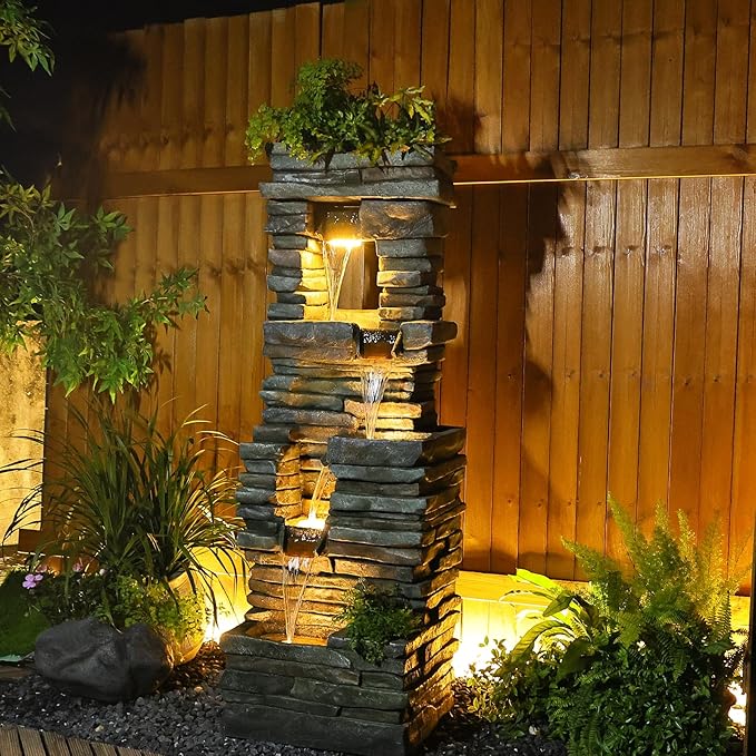 60 inches Large Outdoor Water Fountain Waterfall — Garden Rock Fountains 4-Tiered Waterfalls Outdoor with Lights Natural Stone Look Hollow Fountain for Patio Pool Porch Backyard, Stone Gray
