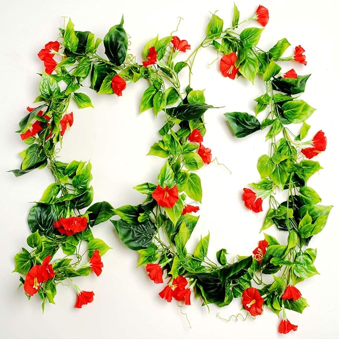 AirSun Artificial Morning Glory Flower Vines, 2pcs 15Feet Hanging Plants Silk Garland Fake Green Plant Home Garden Wall Fence Indoor Outdoor Wedding Birthday Decor