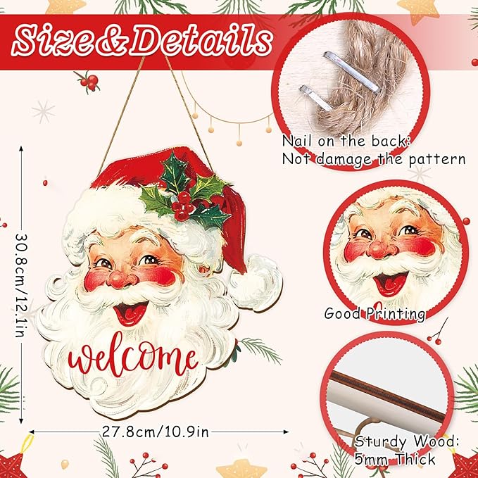Whaline Christmas Wooden Hanging Sign Red Xmas Santa Welcome Wood Sign Vintage Santa Door Decor Signs for Indoor Outdoor Porch Wall